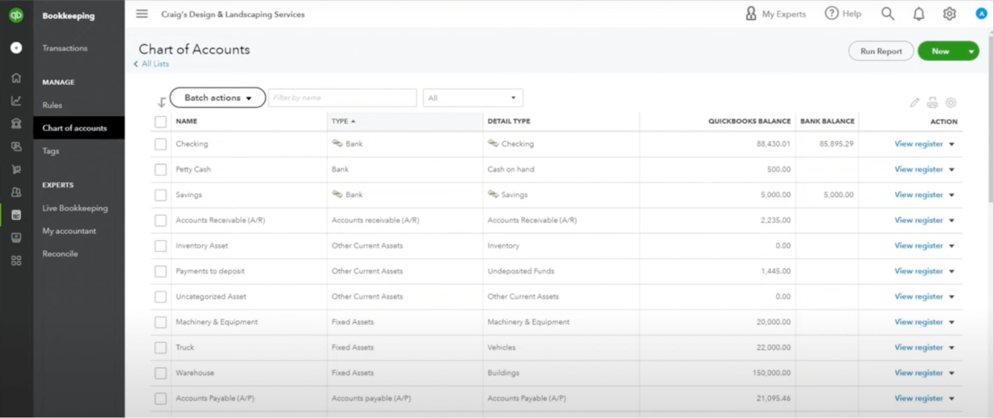 chart of accounts example from quickbooks